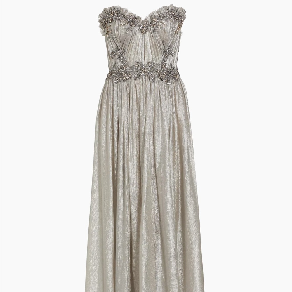 Marchesa strapless crystal embellished metallic chiffon gown silver, size 4